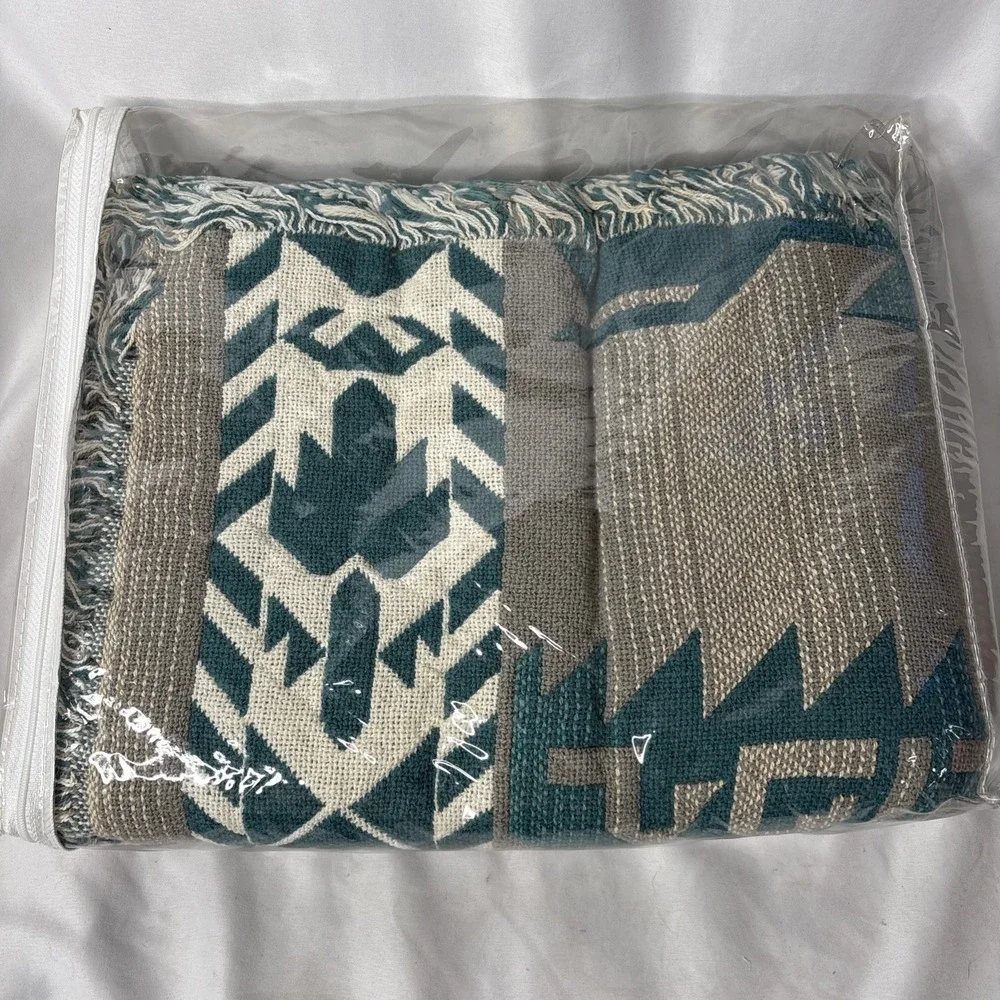 Sonoma Cotton Jacquard Woven‎ Throw NATIVE Blanket 46x67 Green Beige USA NEW